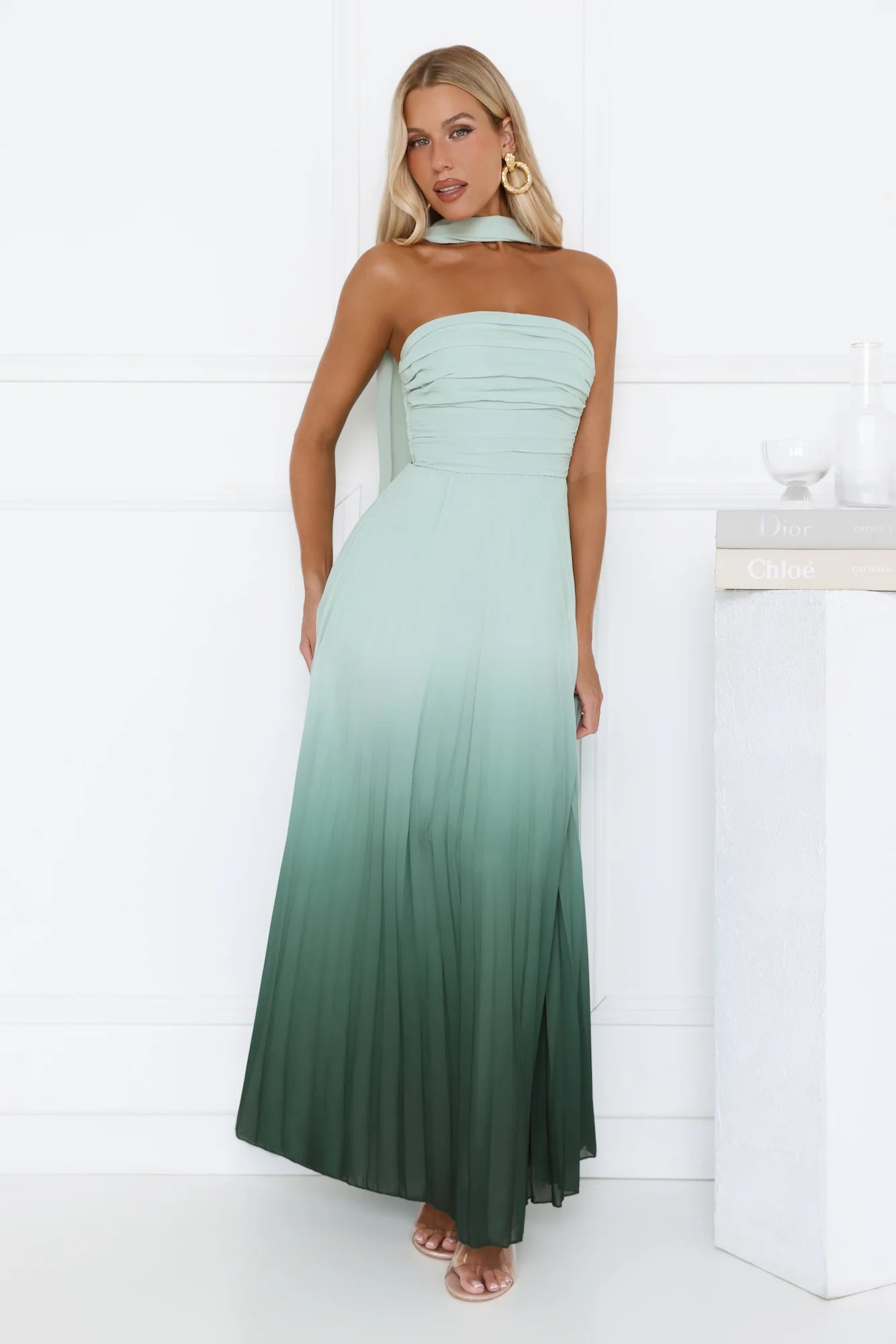 Goddess Ombre Pleated Maxi Dress Green